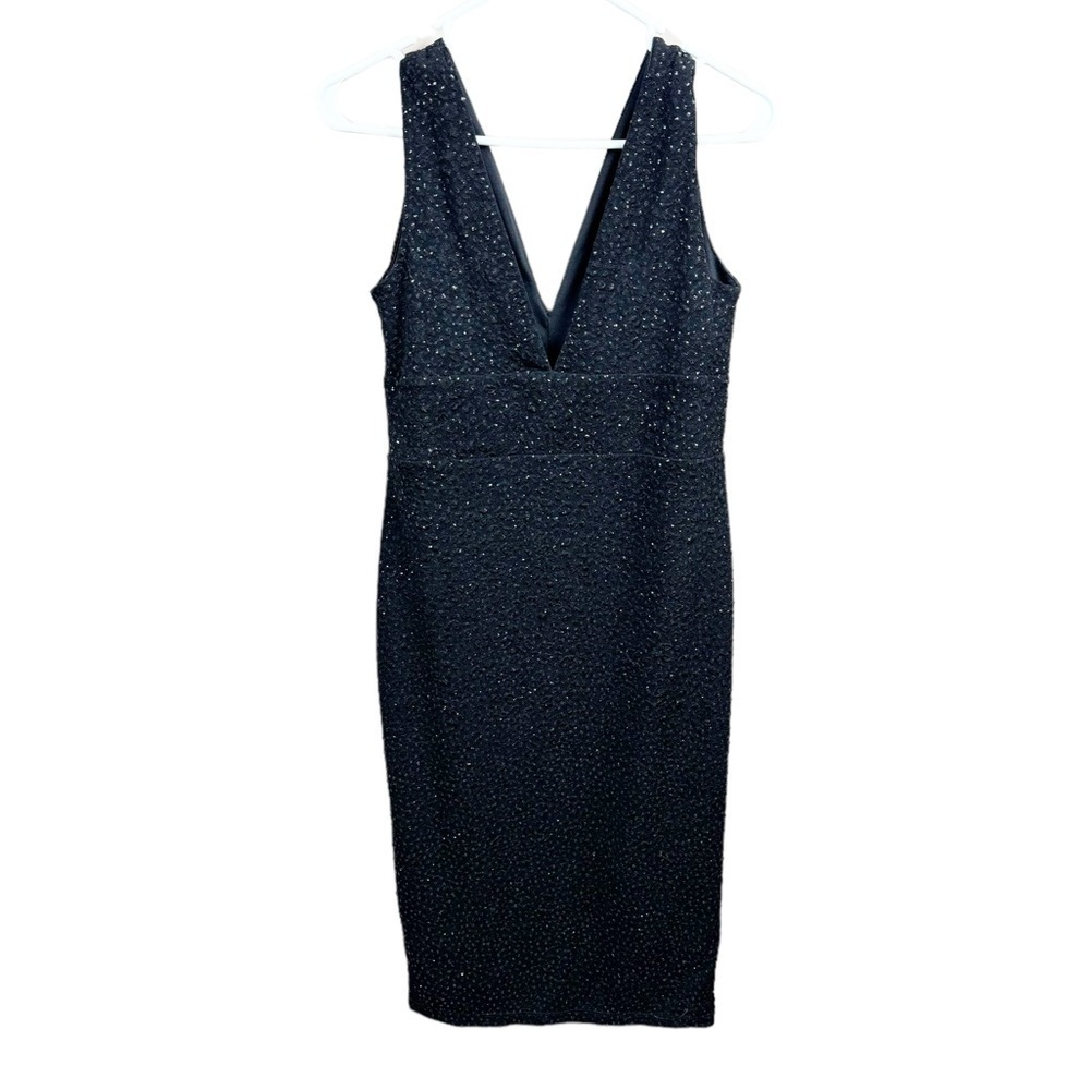 G by Guess Black Sleeveless Deep V Midi Textured Sparkly Cocktail Dress